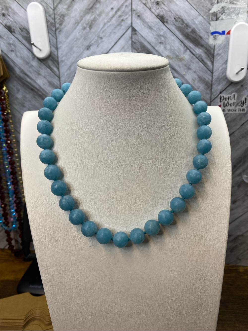 Matte Aqua 12mm Gemstone 18 inch necklace hand knotted Aprilsplace - Picture 3 of 4